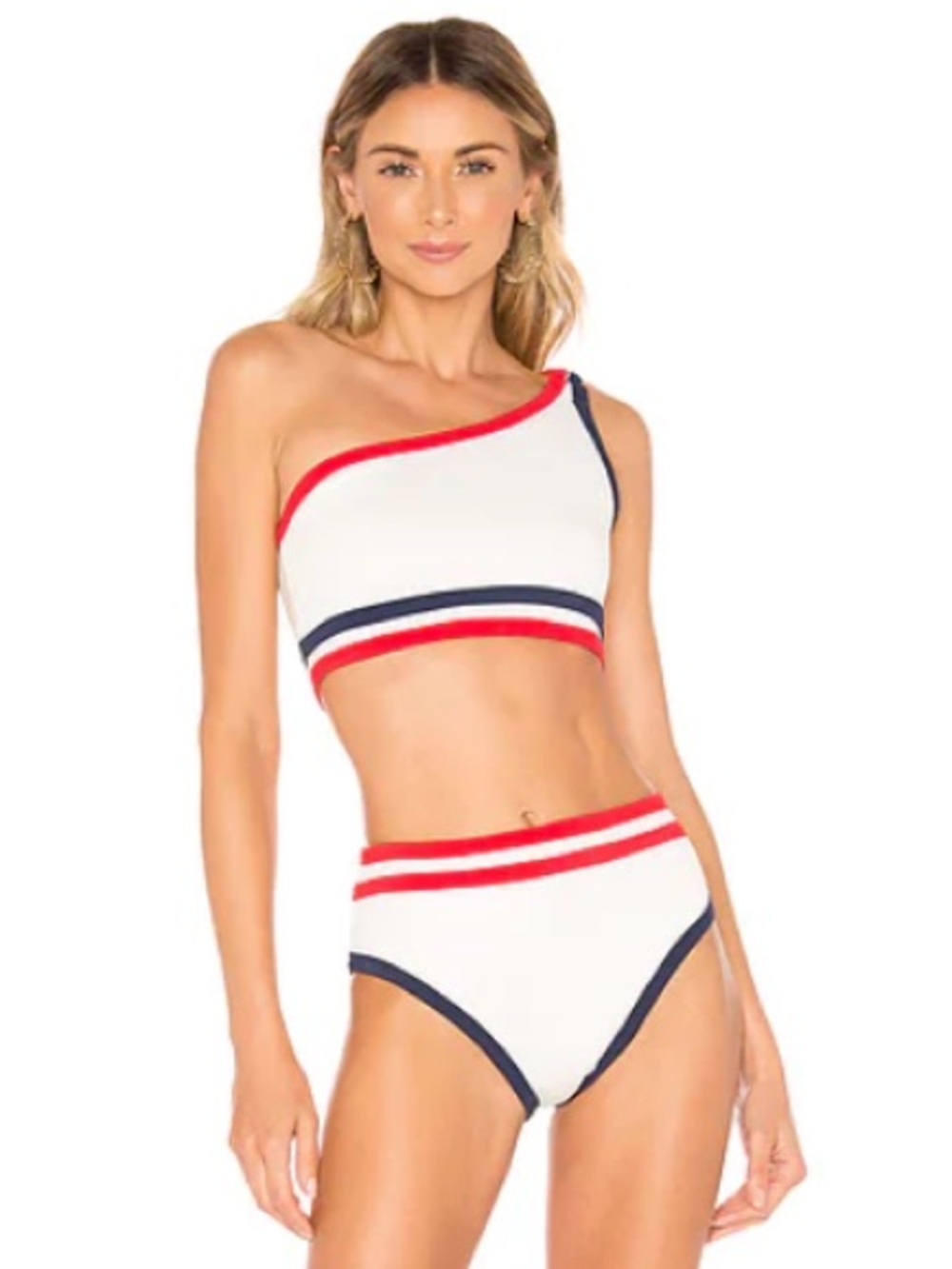 REVOLVE White One-Shoulder High-Waist Bikini with Red and Navy Trim